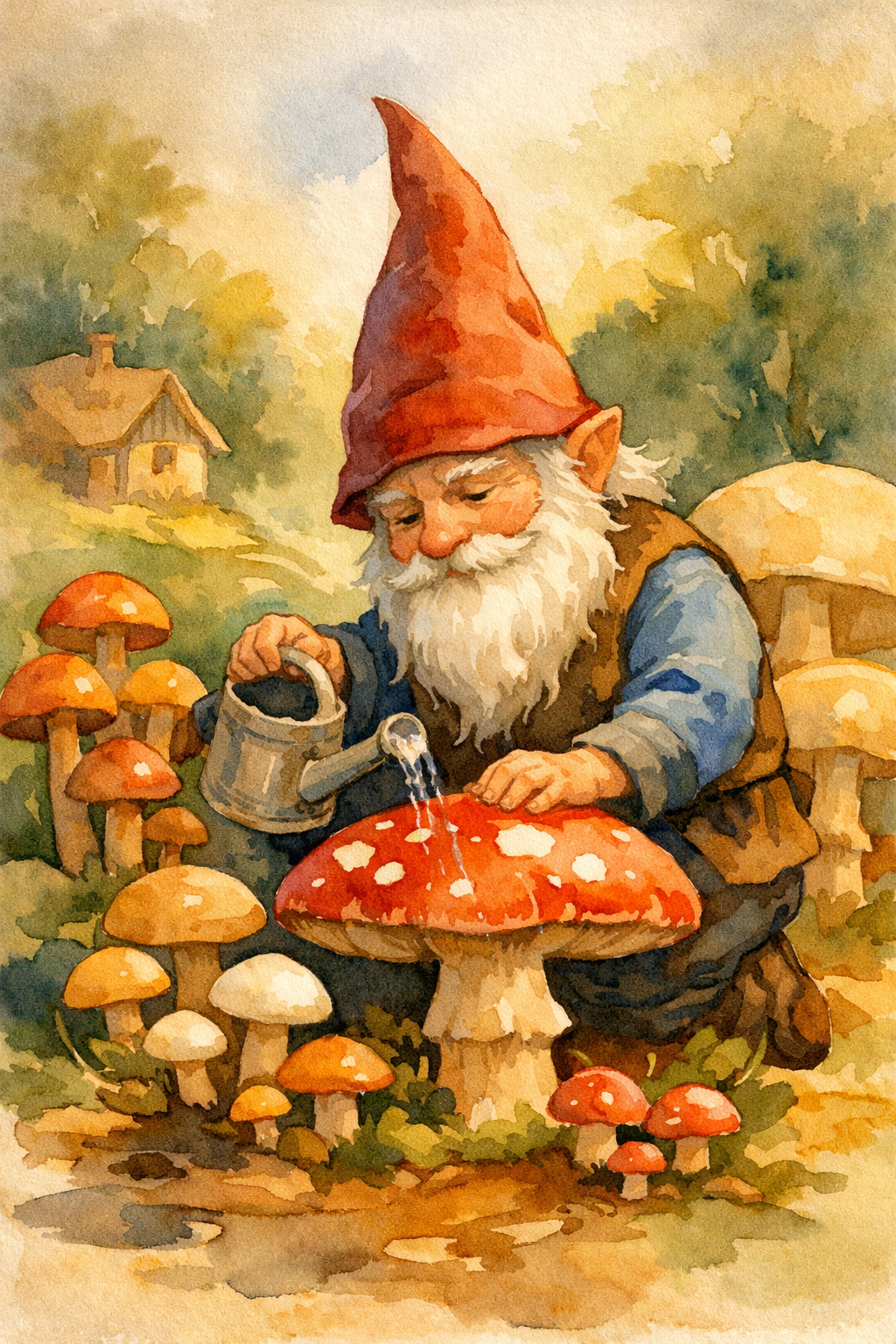 Gnome Tending Mushrooms cross-stitch pattern preview — Fantasy & Whimsical