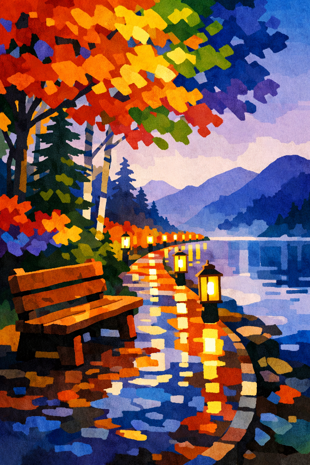 Lantern Lit Lakeside Bench cross-stitch pattern preview — Landscapes & Nature Scenes