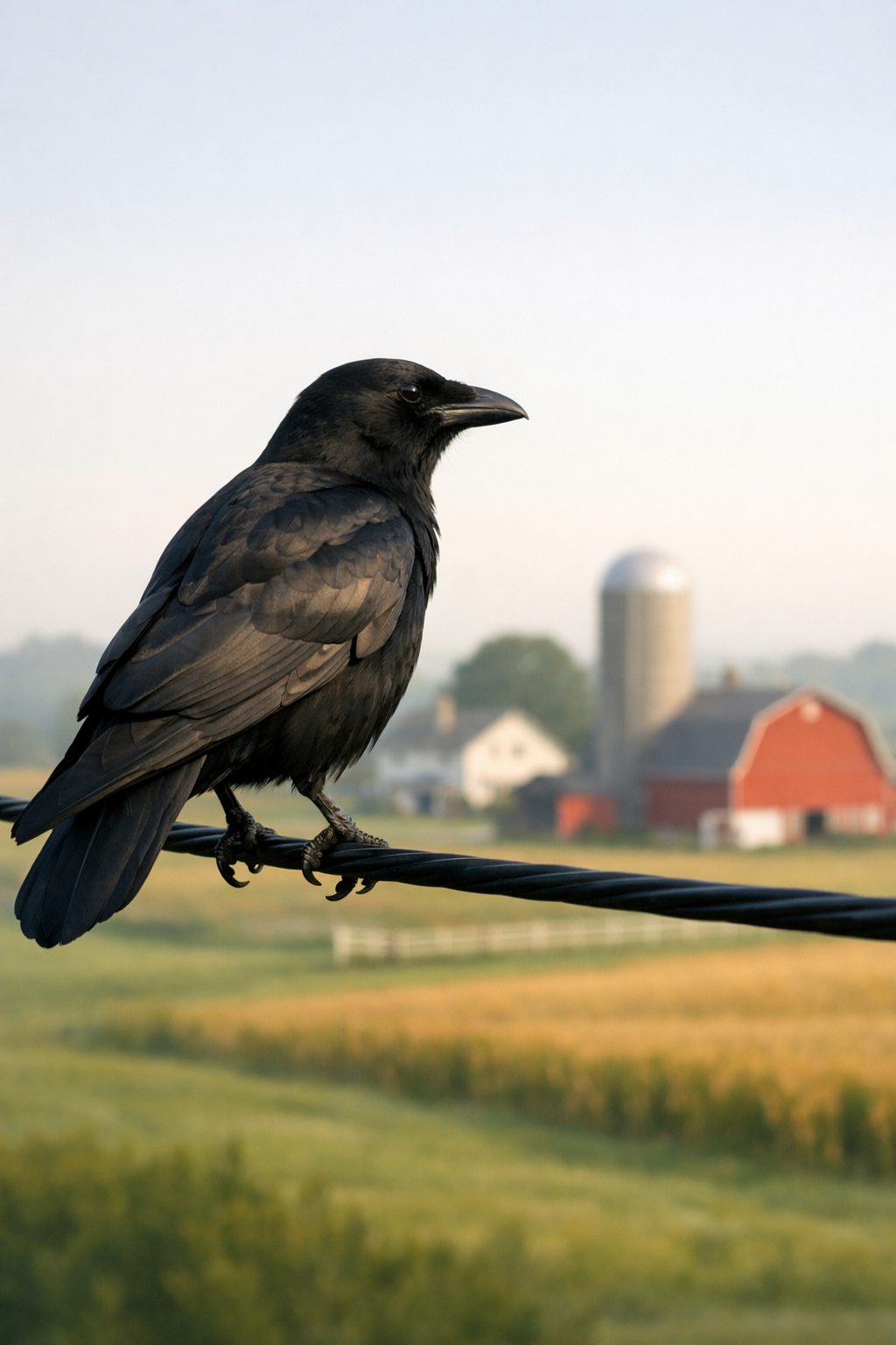 A Crow on a power line looking over a farm. cross-stitch pattern preview — Birds & Woodland Creatures