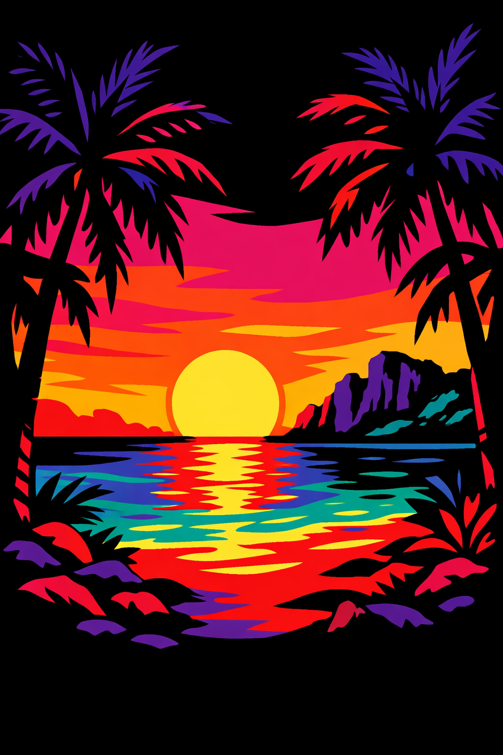 Synthwave Palm Sunset cross-stitch pattern preview — Landscapes & Nature Scenes