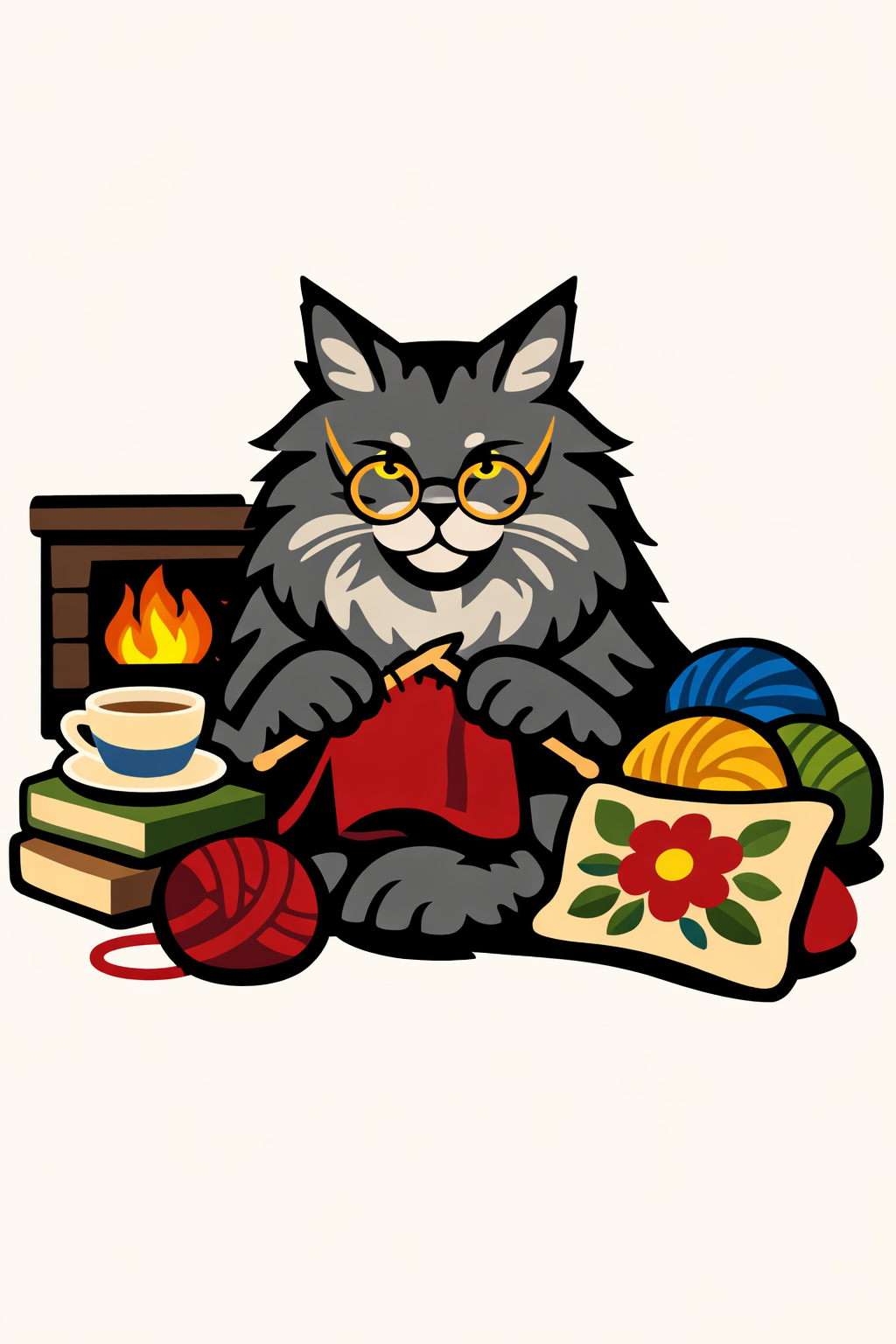 Maine Coon Knitting by Fireplace cross-stitch pattern preview — Animals & Pets