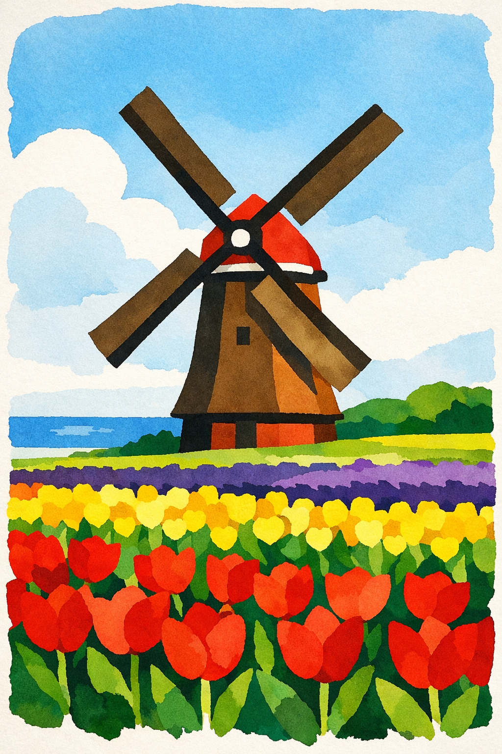 Windmill In A Tulip Field cross-stitch pattern preview — Landscapes & Nature Scenes